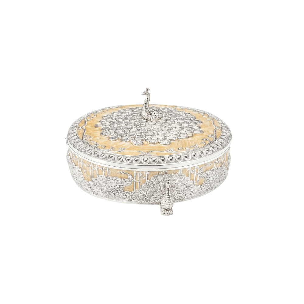 German Silver Dry Fruits Box with Peacock Design